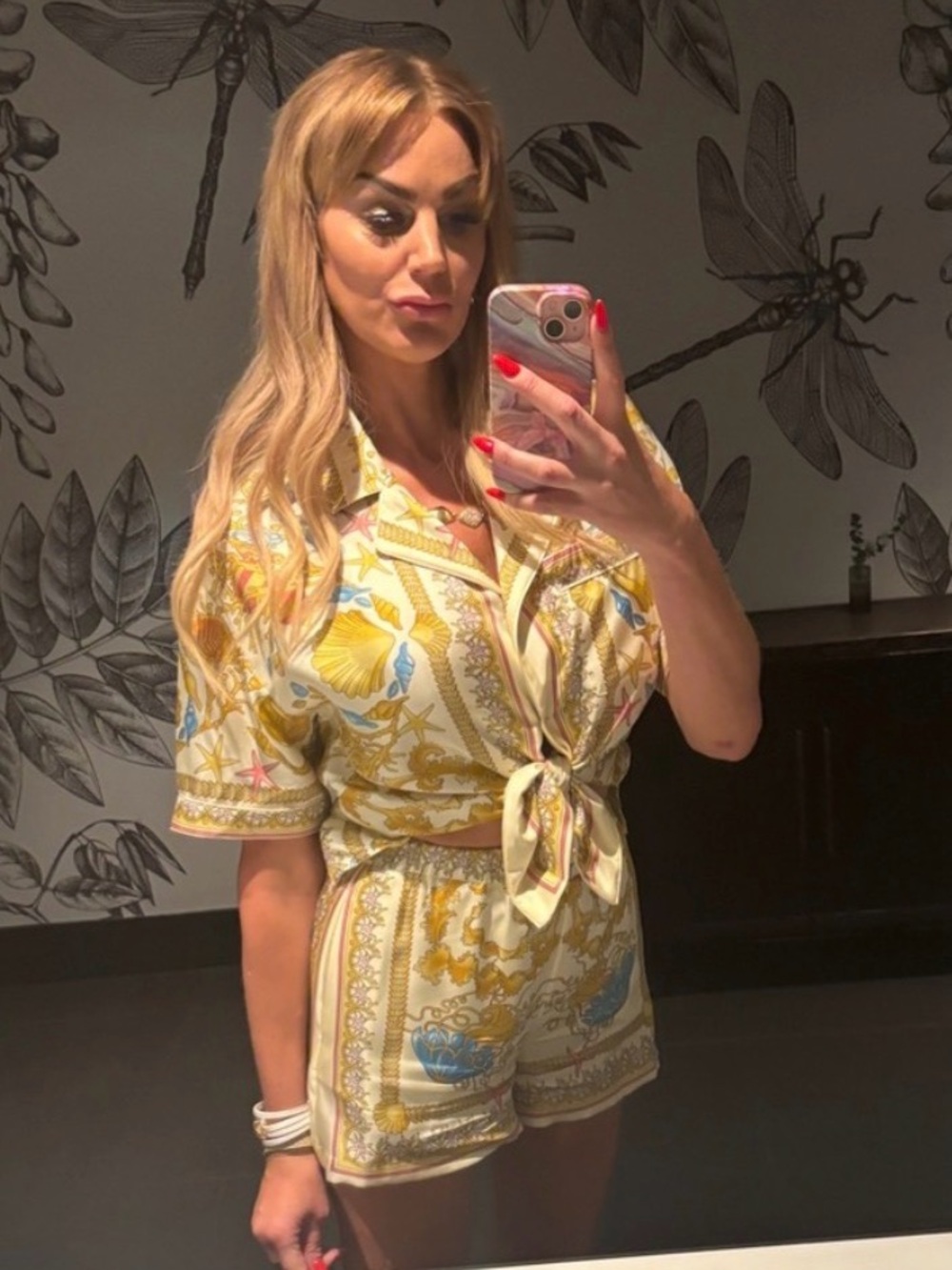 Versace Yellow Floral Tie-Front Short Sleeve Blouse